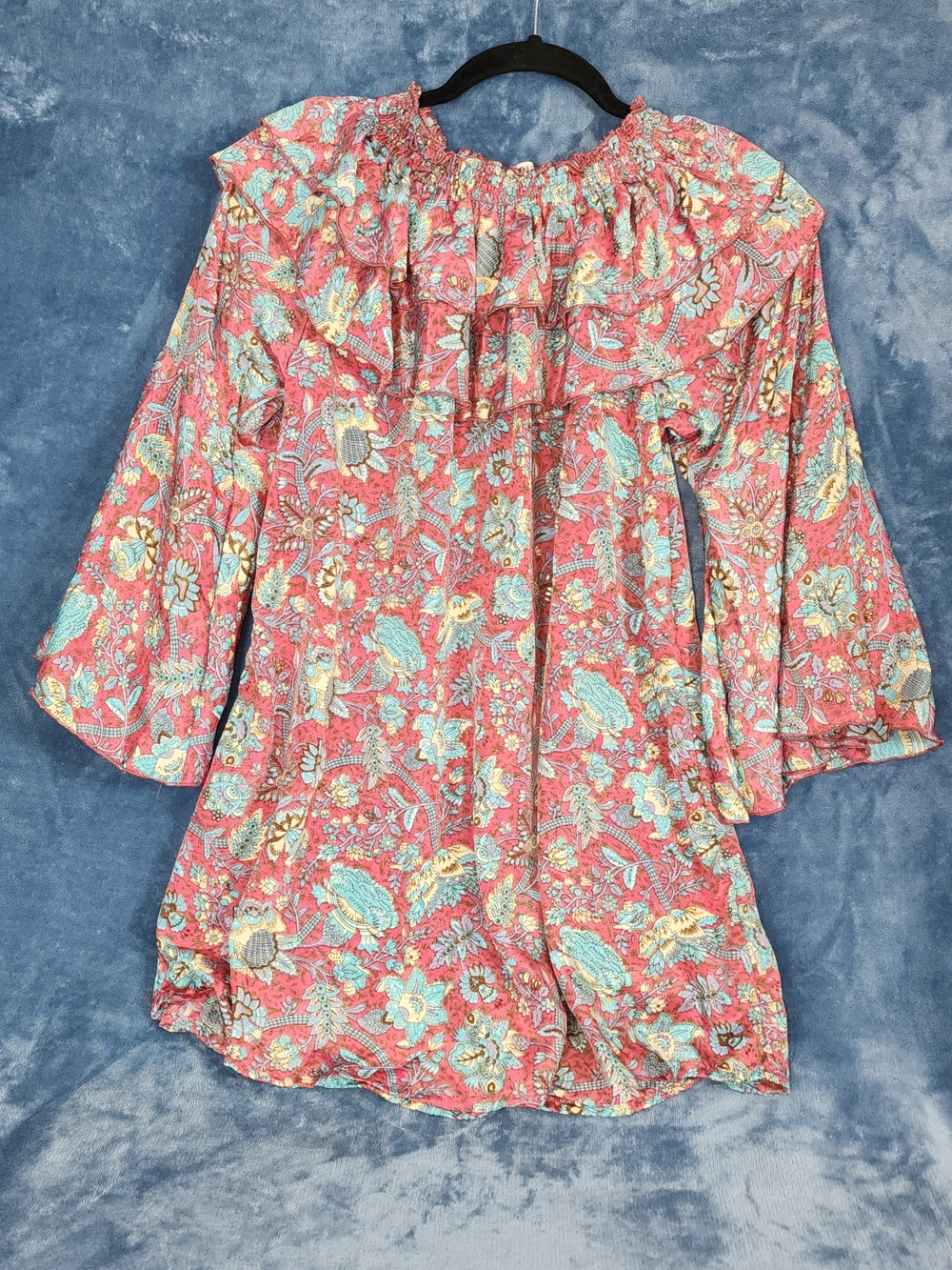 Boho Floral Midi Dress in Coral Pink with Ruffle Neck